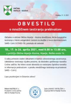 Razpored množičnega testiranja prebivalcev v APRILU 2021